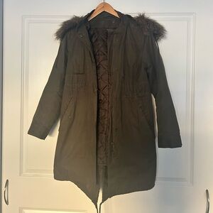 French Connection Olive Utility Jacket with Faux Fur Hood Size 8